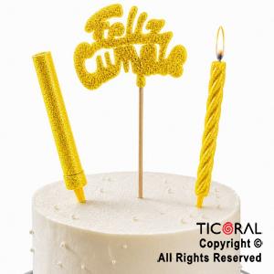 ADORNO DE TORTA SET FELIZ CUMPLE CON BENGALA Y VELA 9 CM GIBRE AMARILLO x 1